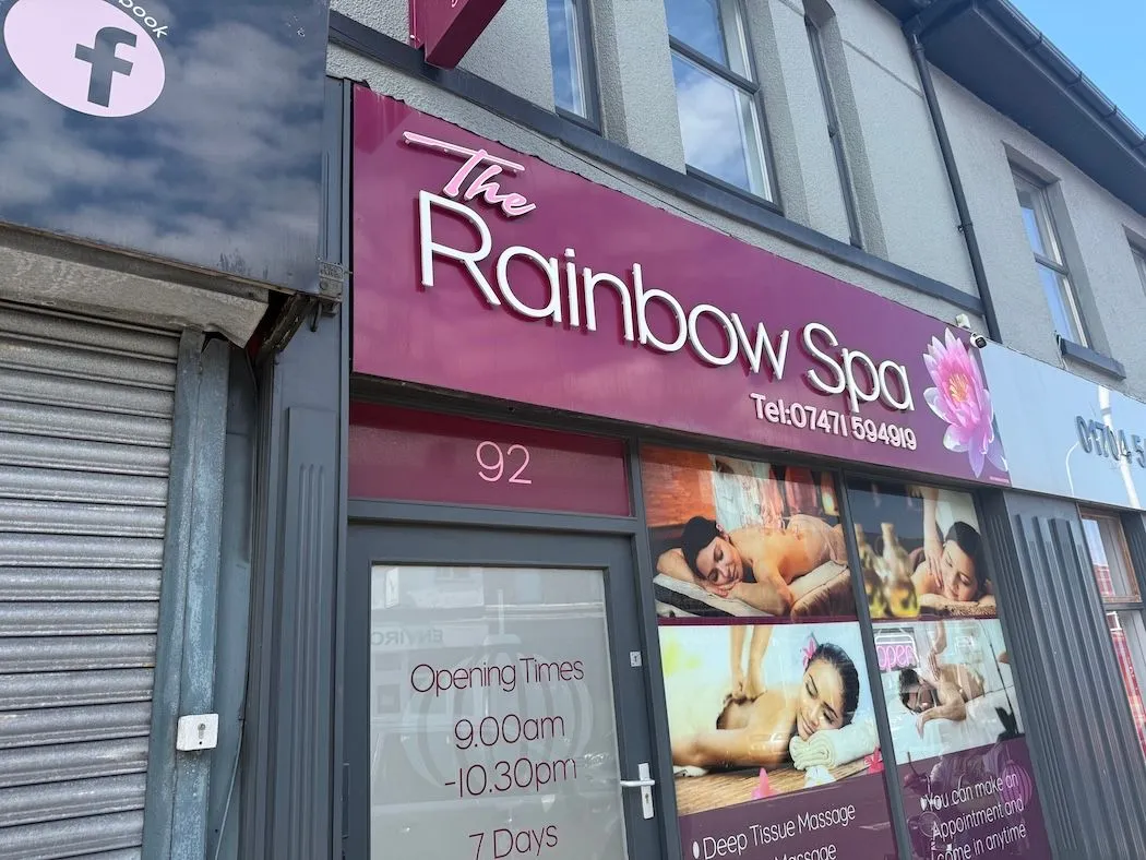 The Rainbow Spa shopfront on Eastbank Street, with the number 92 on the door