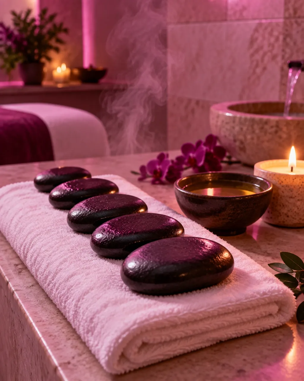 Warm basalt hot stones arranged on a spa towel beside candlelight and oil