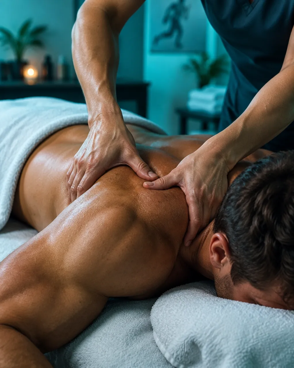 Deep-tissue sports massage of a shoulder and back